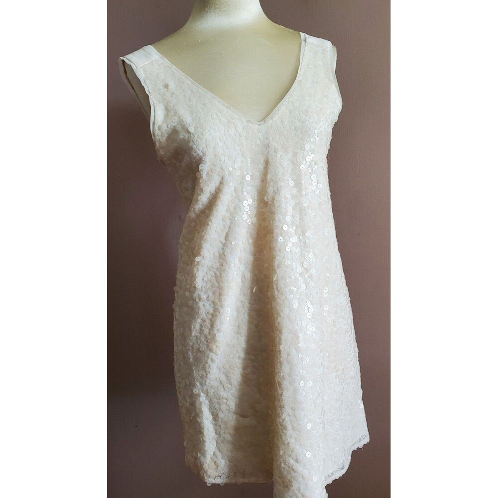 BCBGeneration Dress Mini Dress size 4 Ecru Sequins ALine Shift V Neck Sleeveless